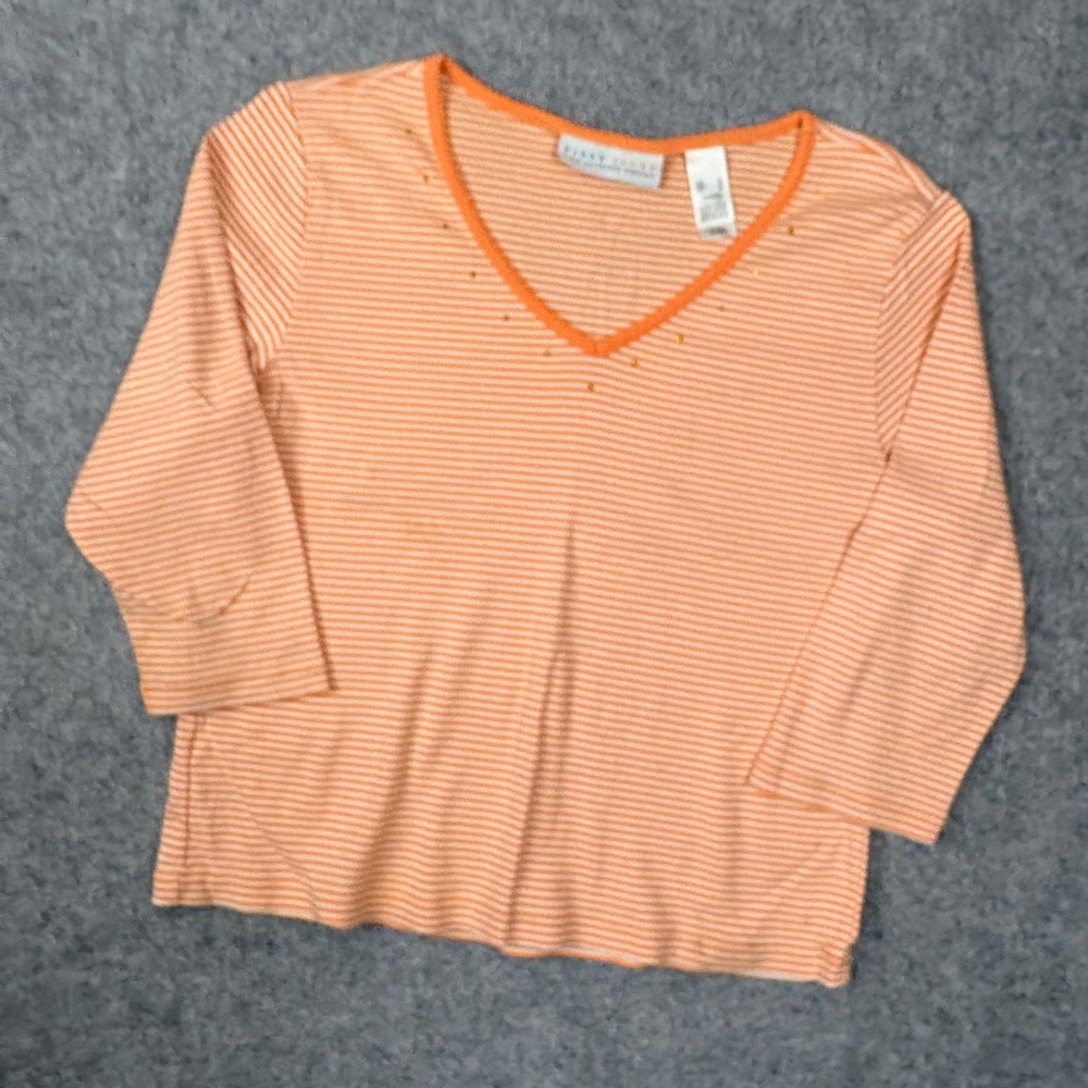 First Issue Liz Claiborne Orange White Striped Studded V-Neck 3/4 Sleeve Top XL